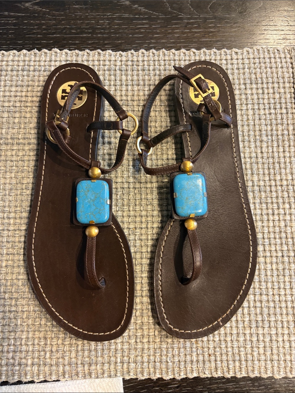 Tory Burch Brown Leather Sandals with Turquoise Stones and Gold Accents
